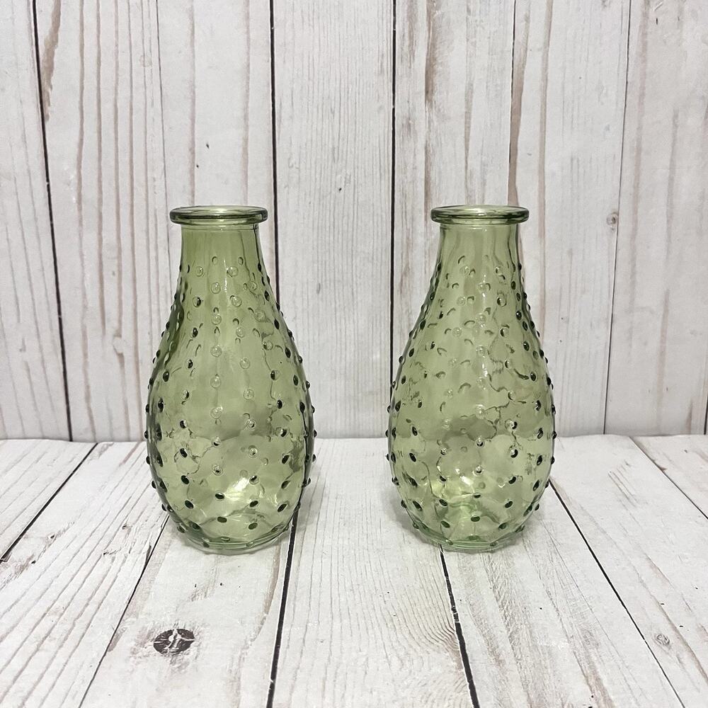 Set 2 Green Hobnail Glass Bud Cottage Vases 6” Textured Bottle Farmhouse Decor